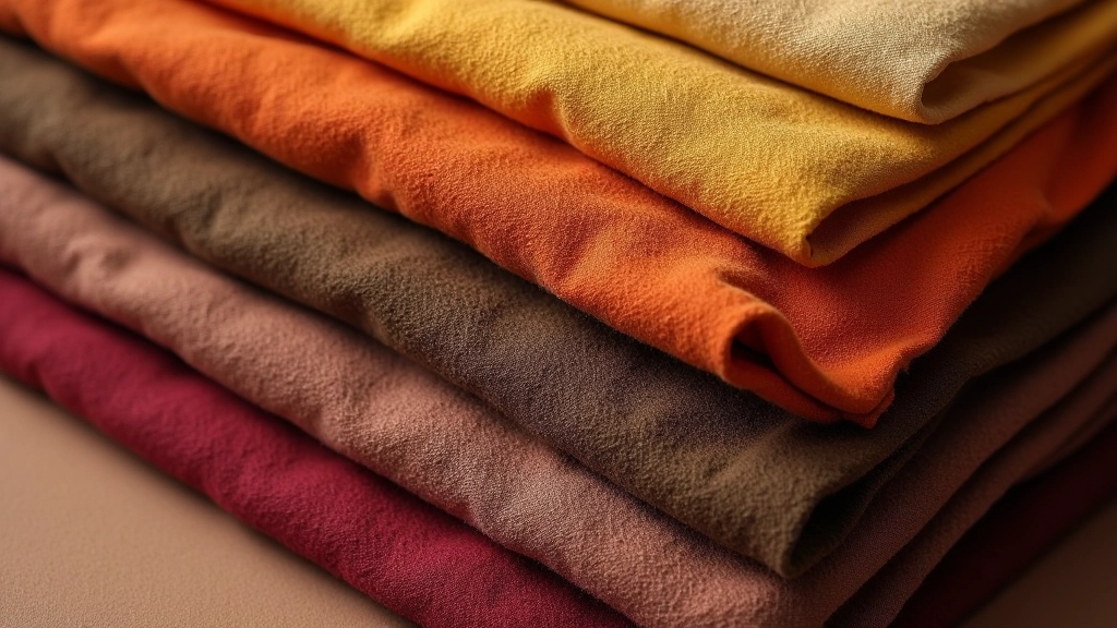 Dettaglio di tessuti italiano di alta qualità impilati con cura, mostrando texture e colori coordinati