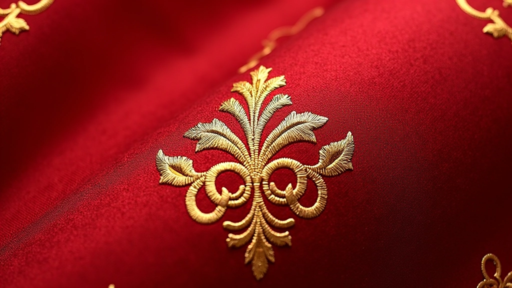 Dettaglio di broccato italiano tradizionale con motivi dorati intrecciati su sfondo cremisi, pattern ornamentale baroque, illuminazione ravvicinata