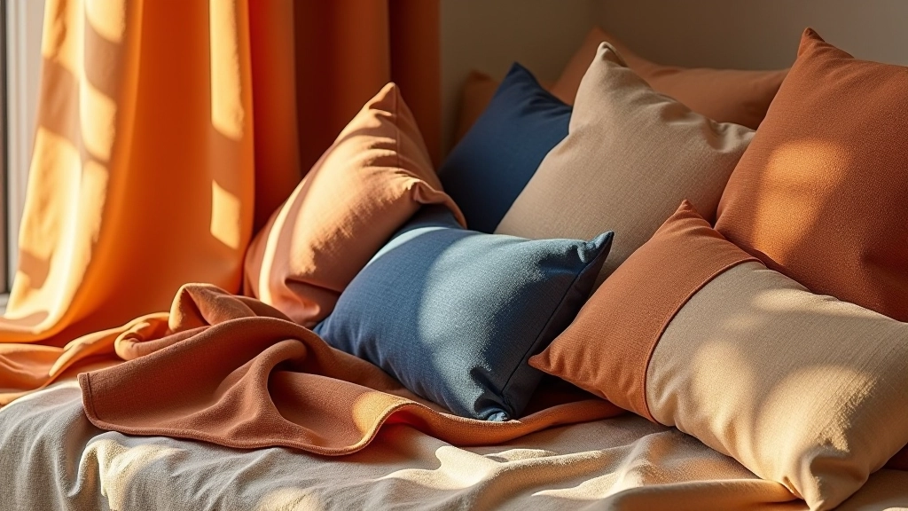 Palette di colori italiani per cuscini: terracotta, ocra, blu profondo, beige e oro disposti in armonia