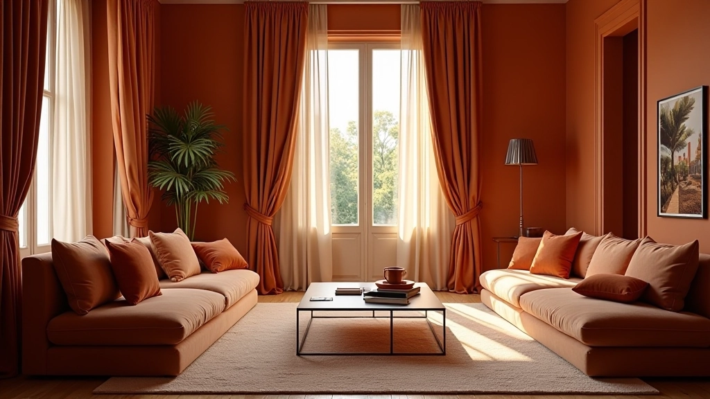 Interni italiani eleganti con tessuti ricchi e tende drappeggianti, luce naturale che illumina i dettagli