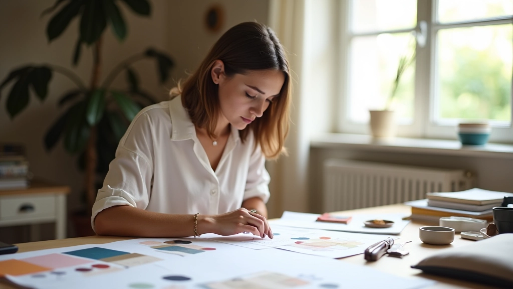 Designer che lavora con campioni di tessuti e palette di colori per la selezione interni