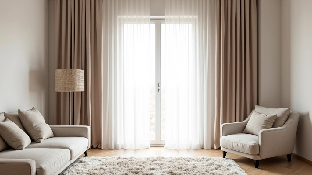 Interno contemporaneo con tende italiane eleganti, finestra ampia con luce naturale, pareti neutre e arredamento minimalista