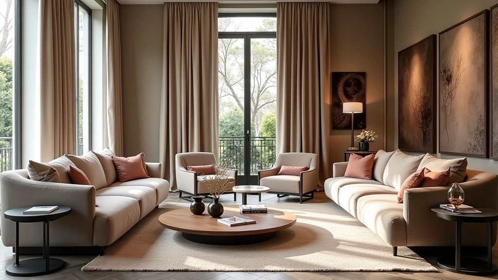 Showroom di tessuti italiani con campioni di tappezzeria e tende disposte elegantemente