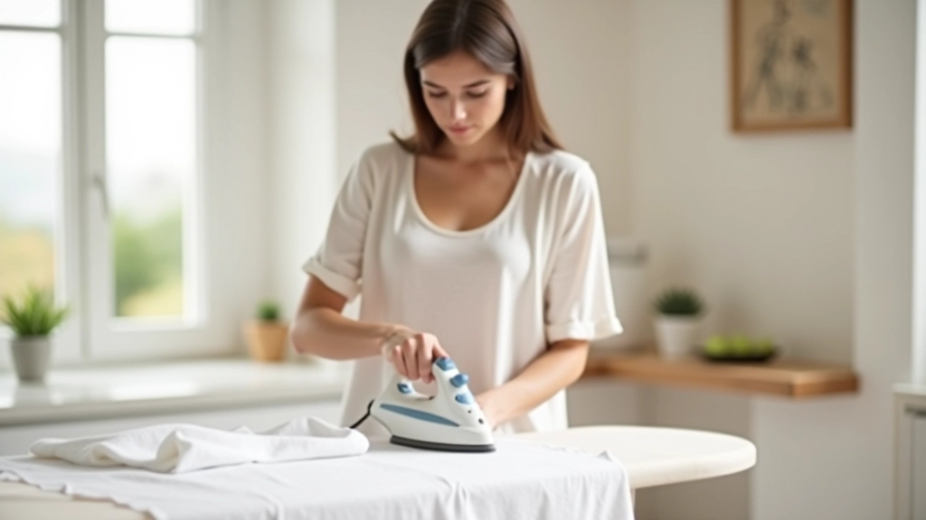 Donna che stira un lenzuolo di lino bianco in una luminosa stanza domestica, mostrando la cura quotidiana dei tessuti